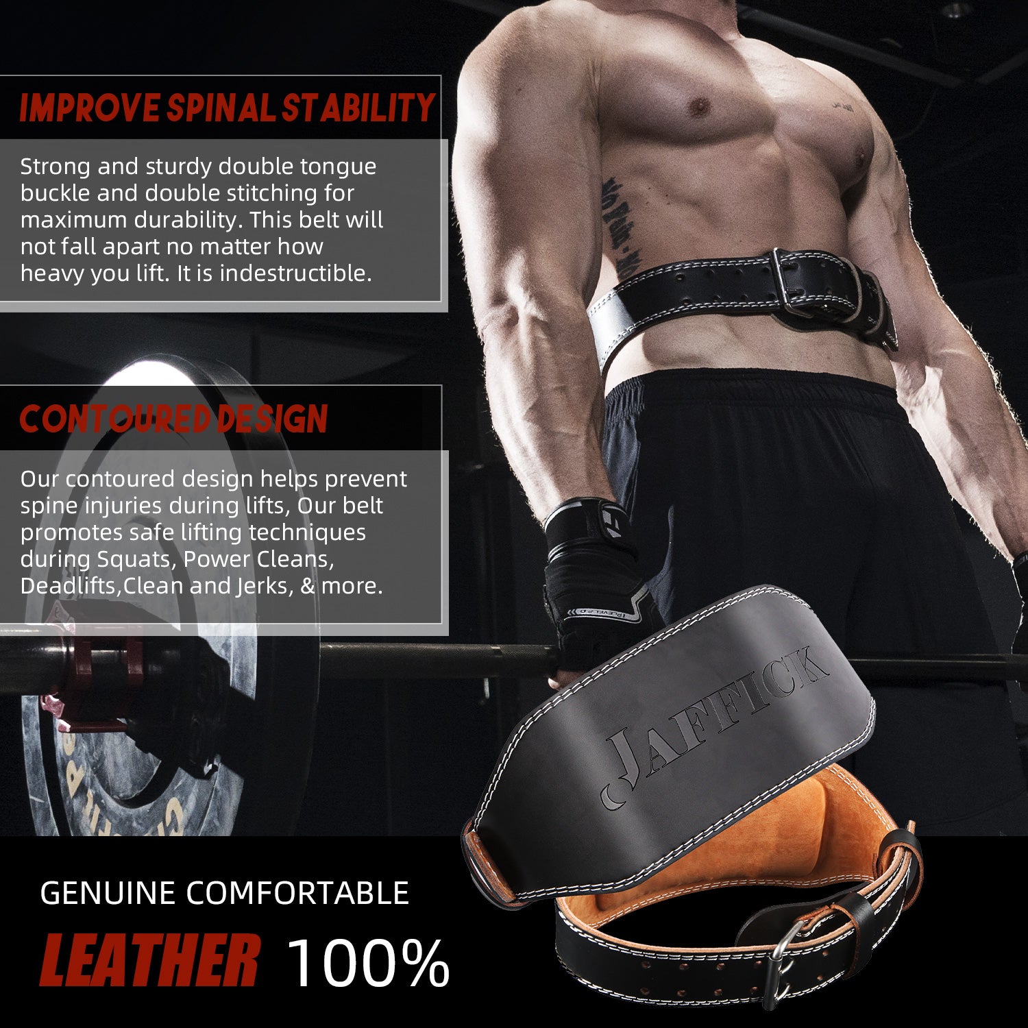 Genuine Leather Weight Lifting Belt for Men Gym Weight Belt Lumbar Back Jaffick Support Powerlifting Weightlifting Heavy Duty Workout Training Strength Training Equipment